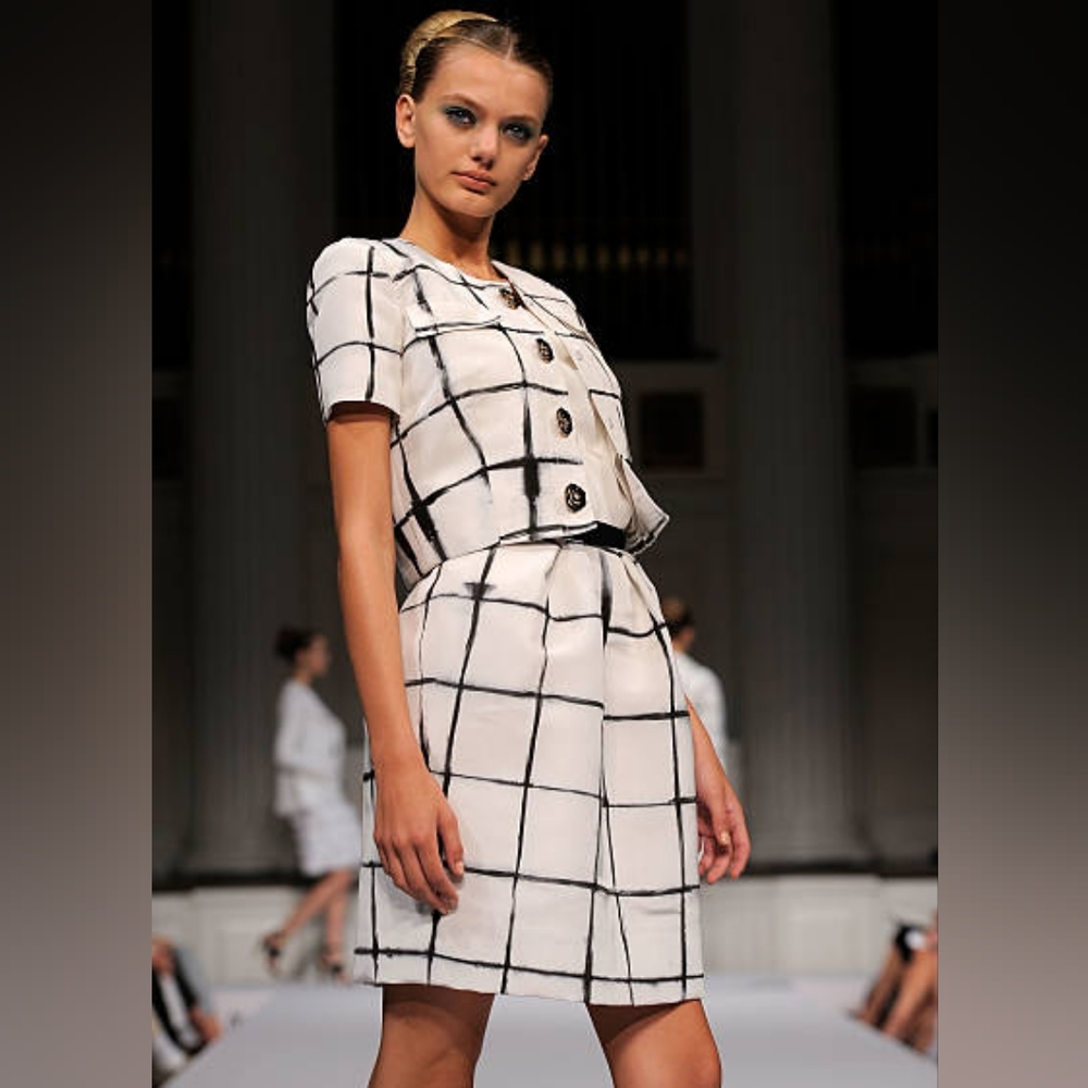 $5,000 OSCAR DE LA RENTA EXQUISITE SILK PLAID RUNWAY SKIRT JACKET SUIT US 10 L